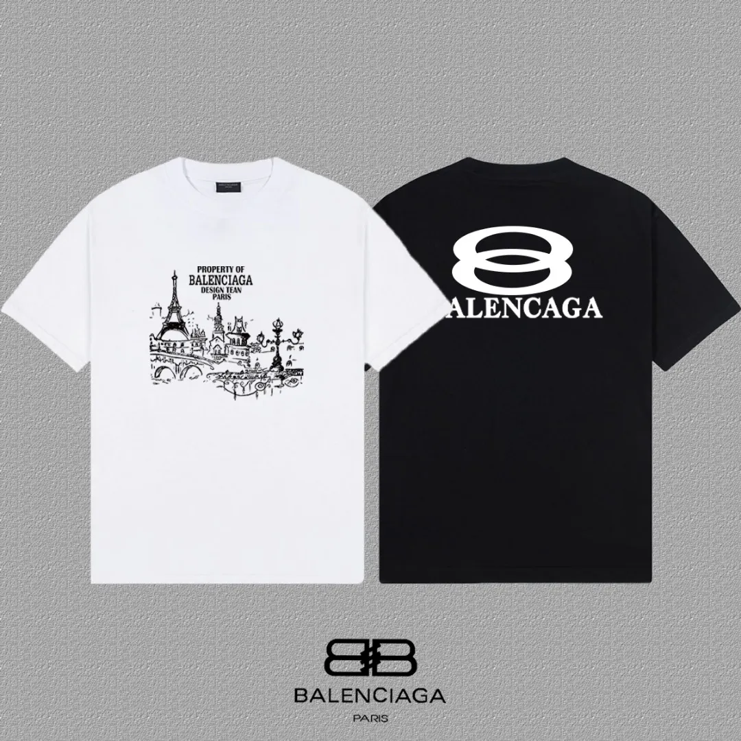 P80✨🔥 BALENCIAGA Paris lettering printed short-sleeved T-shirt. Custom-woven and dyed 300 grams of combed cotton heavyweight fabric. Zero color difference in threads. Perfect details. Different from the current currency version. Welcome to compare. Same Style for men and women. Must-sell in the picture above. Color: White Black Size: 1 2 3 4